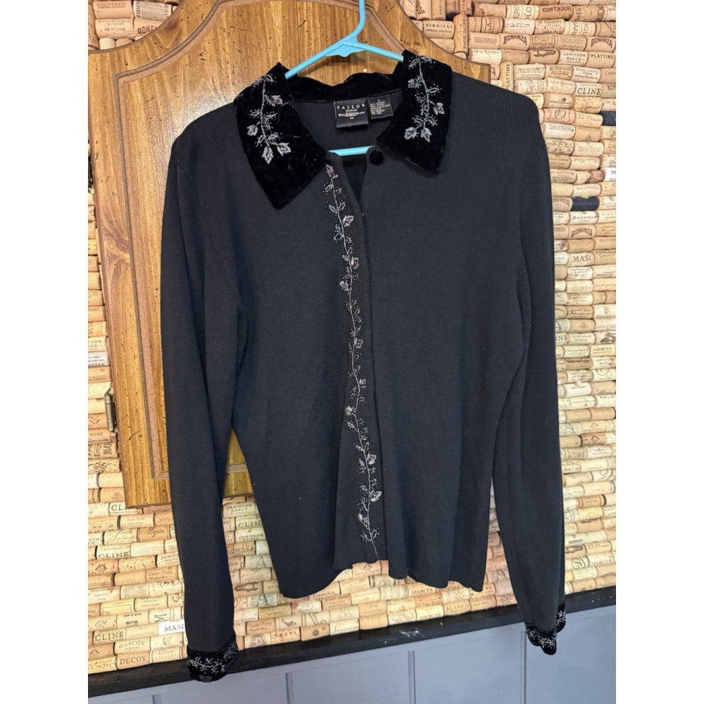 Vintage Y2K B. Moss Velvet Collar & Sleeves Beaded Acrylic Cardigan Holiday